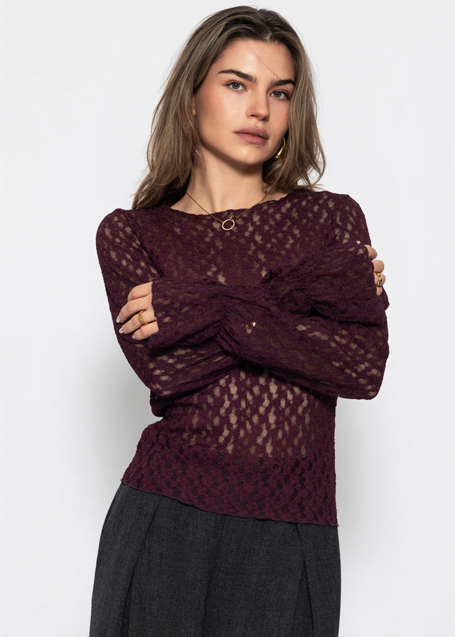 Langarm Spitzenshirt mit Volantärmeln - plum