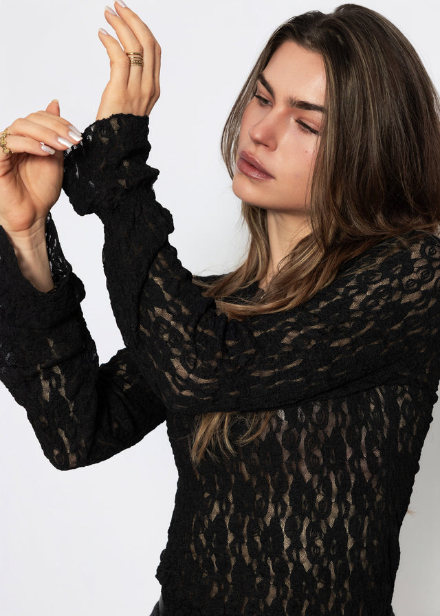 Langarm Spitzenshirt mit Volantärmeln - schwarz