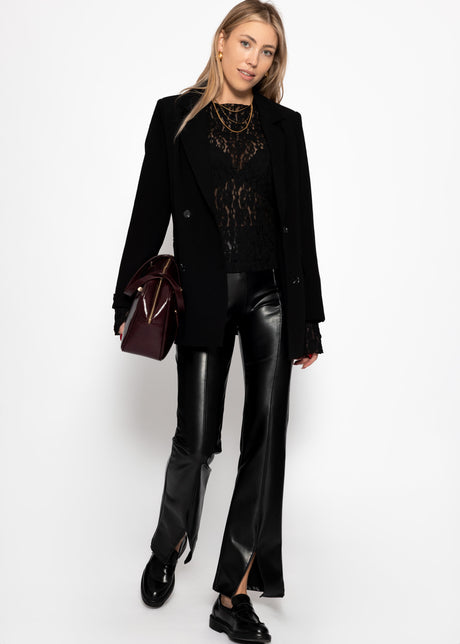 Long-sleeved lace top with flounce sleeves - black