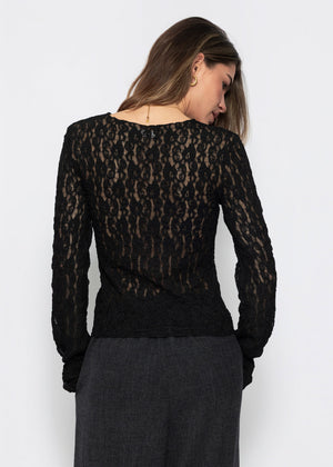 Langarm Spitzenshirt mit Volantärmeln - schwarz