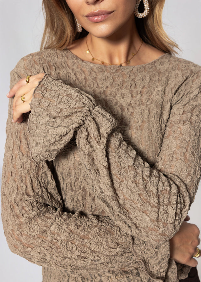 Langarm Spitzenshirt mit Volantärmeln - taupe