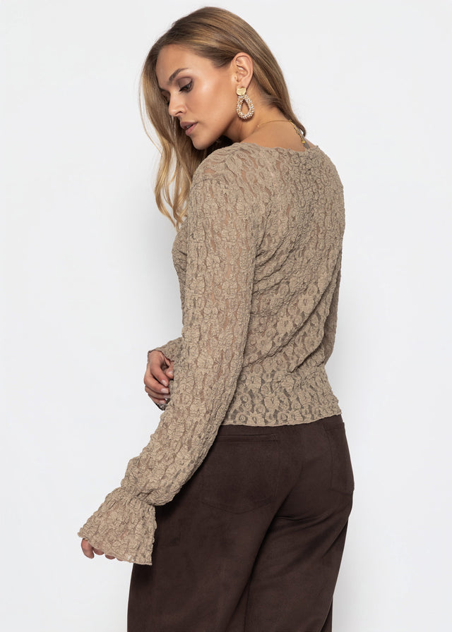 Langarm Spitzenshirt mit Volantärmeln - taupe