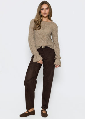 Langarm Spitzenshirt mit Volantärmeln - taupe