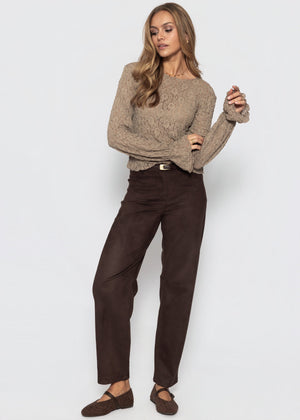 Langarm Spitzenshirt mit Volantärmeln - taupe