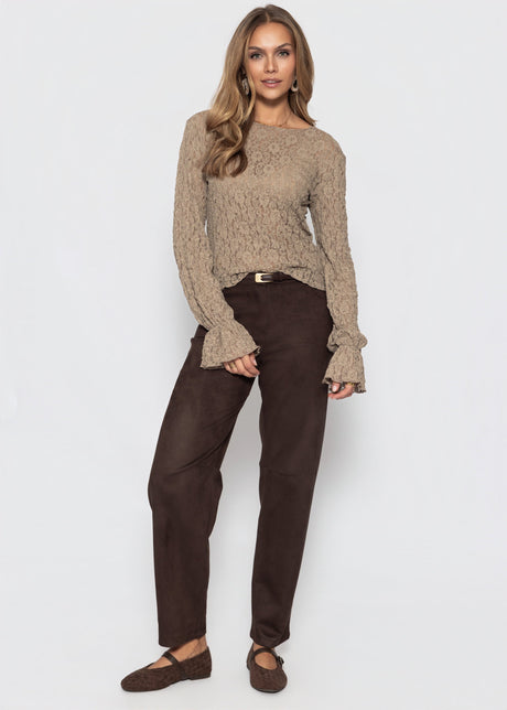 Langarm Spitzenshirt mit Volantärmeln - taupe