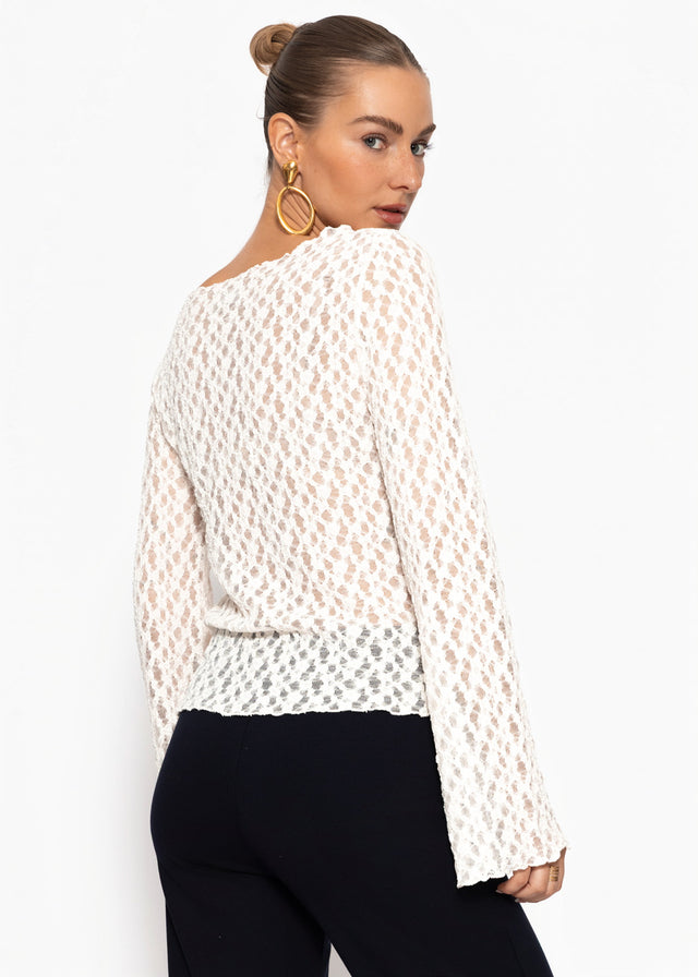 Long-sleeved lace top with wide sleeves - off-white