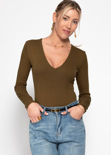 Long-sleeved bodysuit with V-neck - khaki