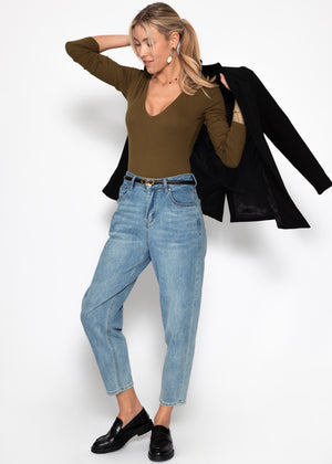 Long-sleeved bodysuit with V-neck - khaki