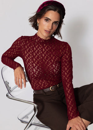 Langarmshirt aus Spitze - burgundy