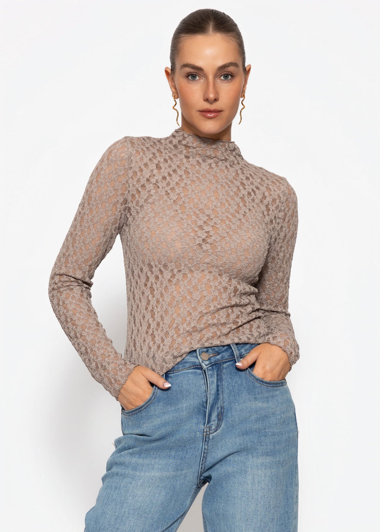 Langarmshirt aus Spitze - taupe