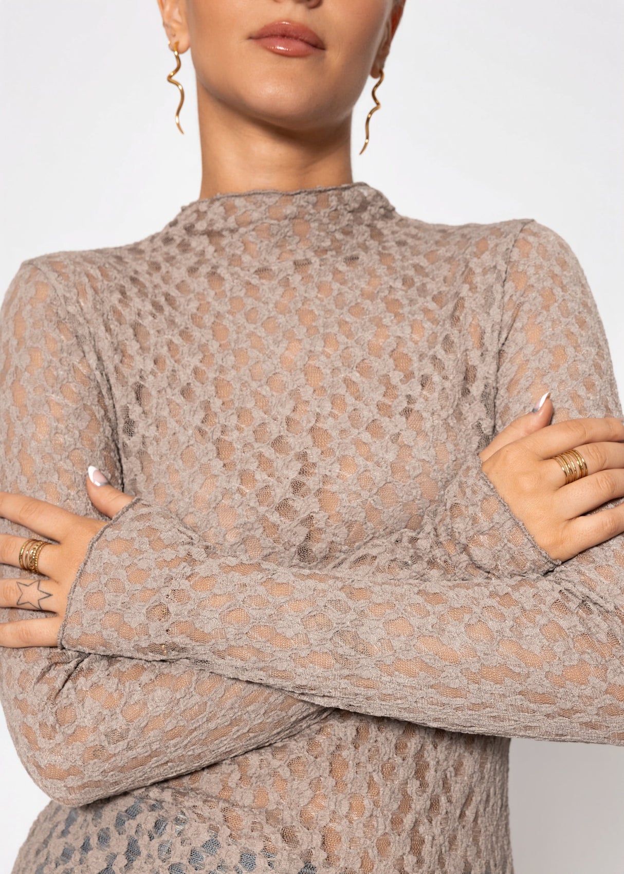 Langarmshirt aus Spitze - taupe