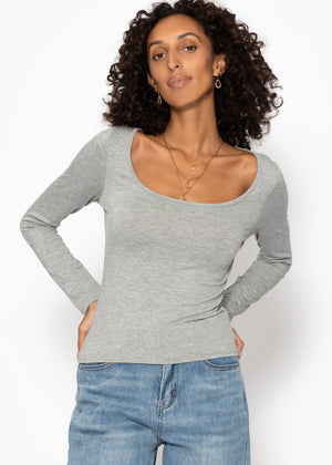 Langarmshirt mit Ausschnitt - grau