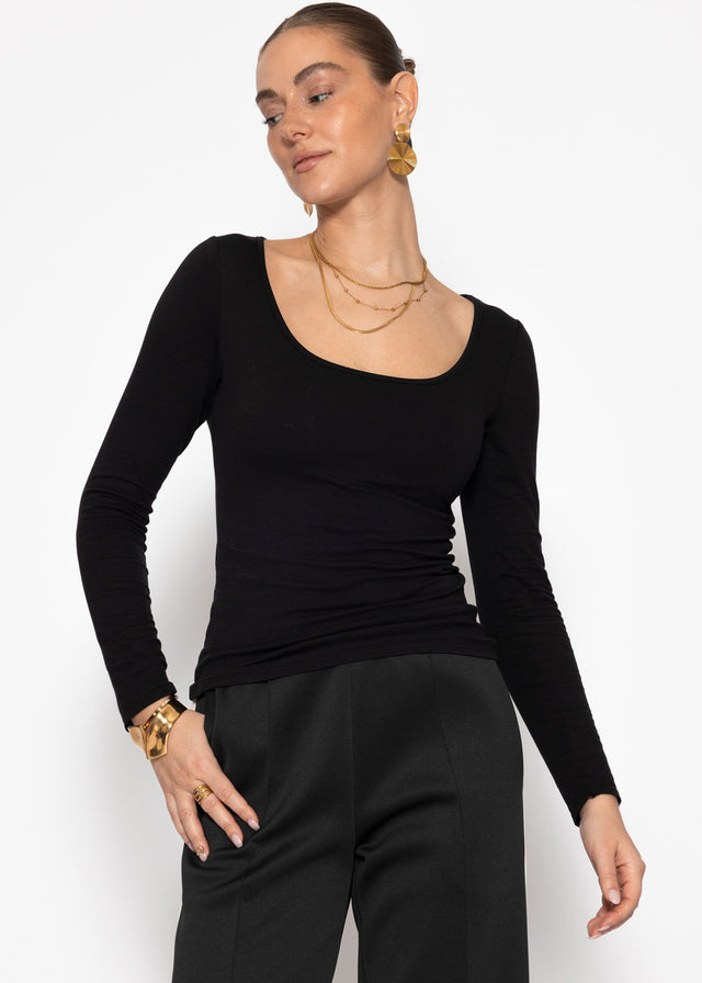 Long-sleeved top with neckline - black