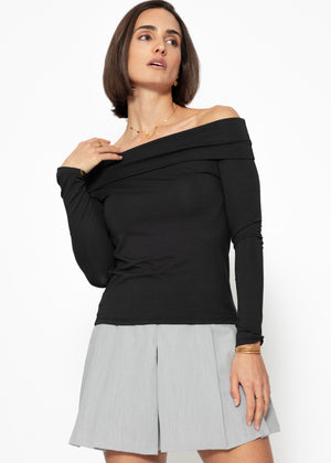 Langarmshirt mit Carmenausschnitt - schwarz