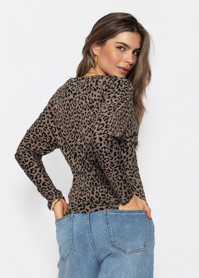 Langarmshirt mit Fledermausärmeln und Leo-Muster - taupe