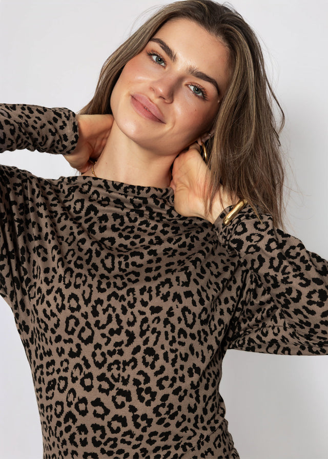 Langarmshirt mit Fledermausärmeln und Leo-Muster - taupe
