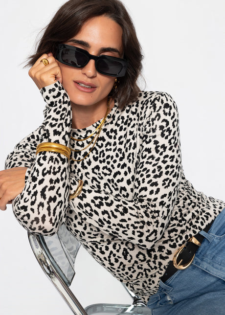 Langarmshirt mit Leo-Print - beige - SASSYCLASSY