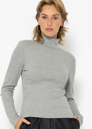 Langarmshirt mit Rollkragen und Biese - grau