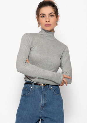 Langarmshirt mit Rollkragen und Biese - grau