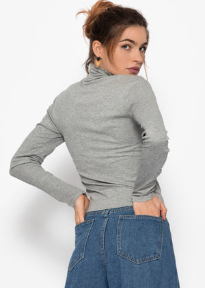 Langarmshirt mit Rollkragen und Biese - grau