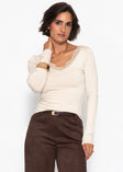 Langarmshirt mit Spitzenausschnitt - hellbeige