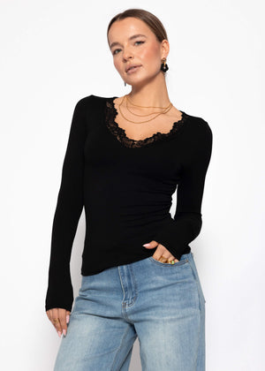 Langarmshirt mit Spitzenausschnitt - schwarz