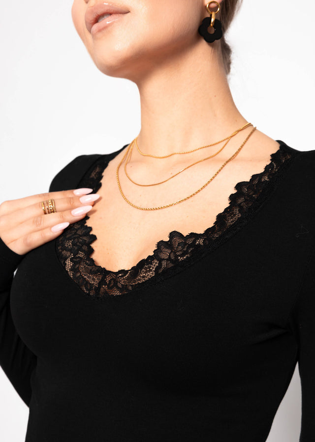 Langarmshirt mit Spitzenausschnitt - schwarz