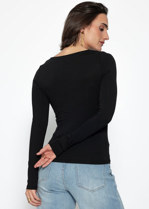 Long-sleeved shirt with lace neckline - black