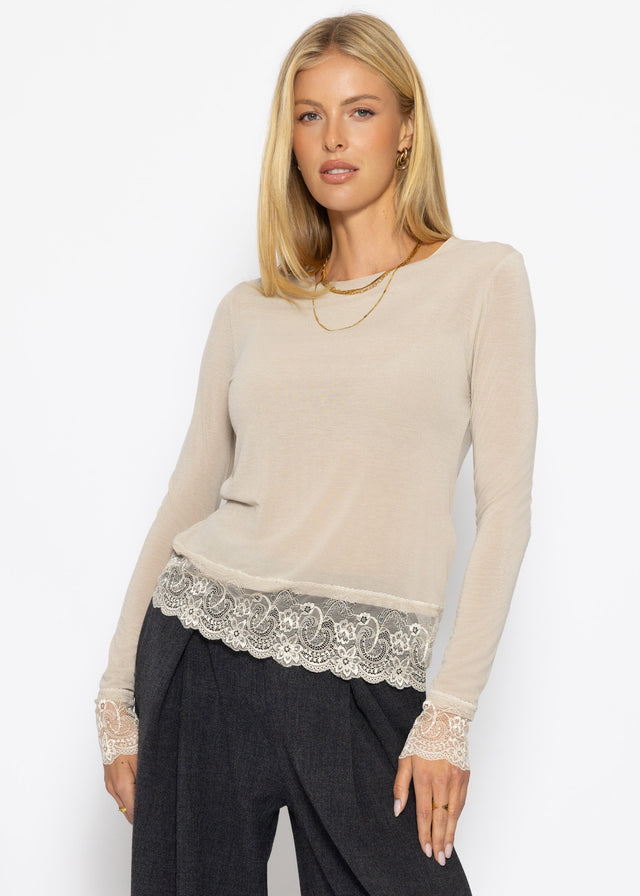 Langarmshirt mit Spitzenborte und Kaschmiranteil - beige