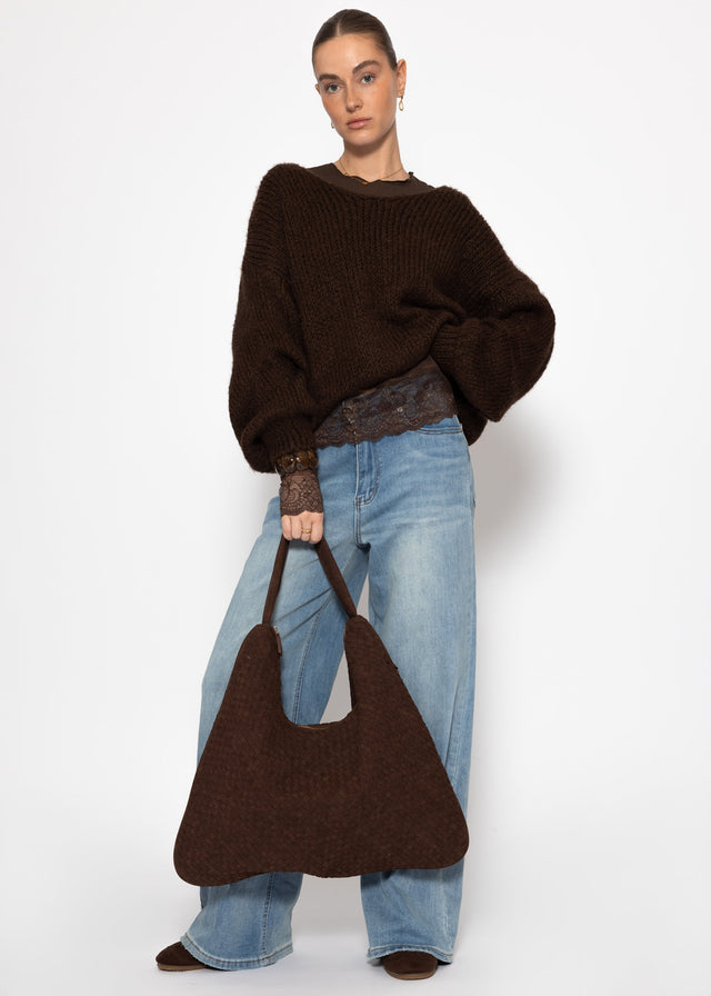 Long-sleeved top with lace trim and cashmere blend - brown