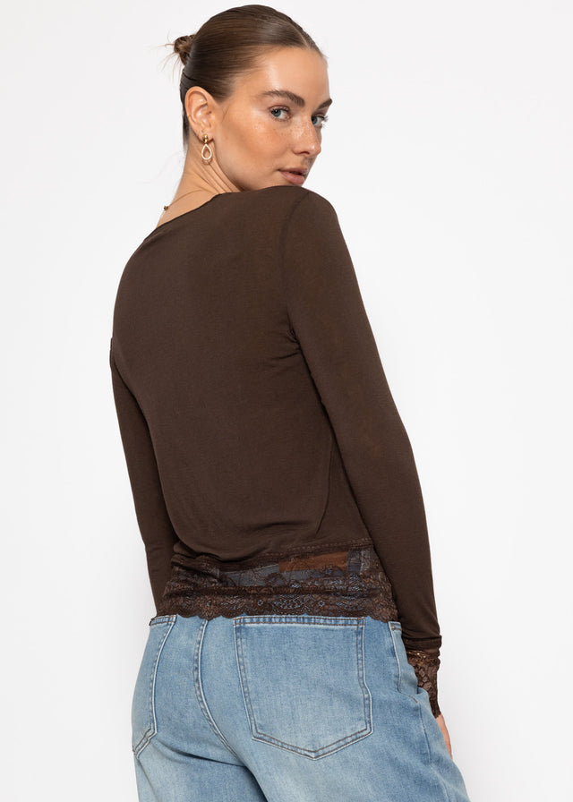 Long-sleeved top with lace trim and cashmere blend - brown