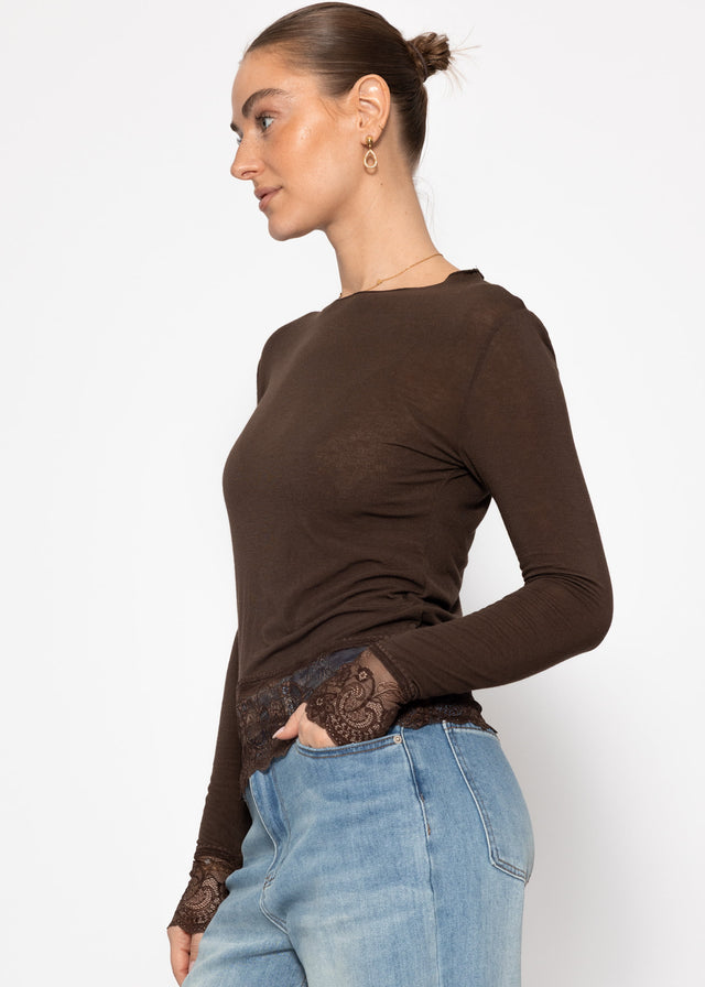 Long-sleeved top with lace trim and cashmere blend - brown