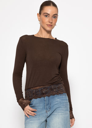 Long-sleeved shirt with lace trim and cashmere content - brown