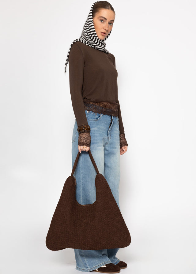 Long-sleeved top with lace trim and cashmere blend - brown