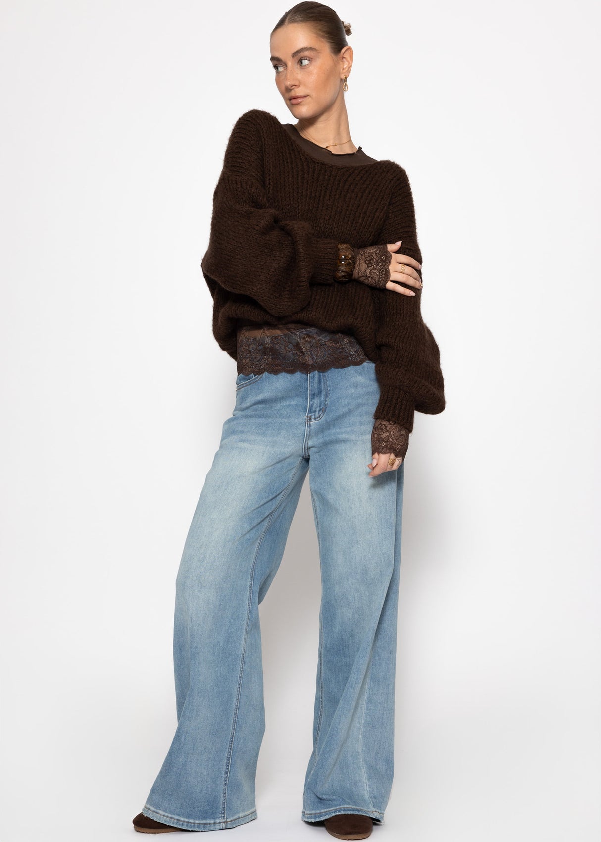 Long-sleeved shirt with lace trim and cashmere content - brown