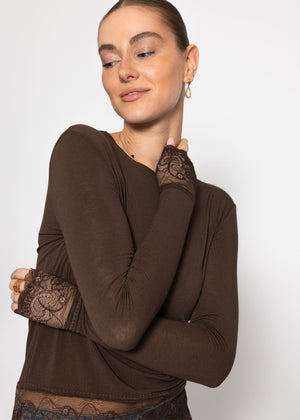 Long-sleeved shirt with lace trim and cashmere content - brown