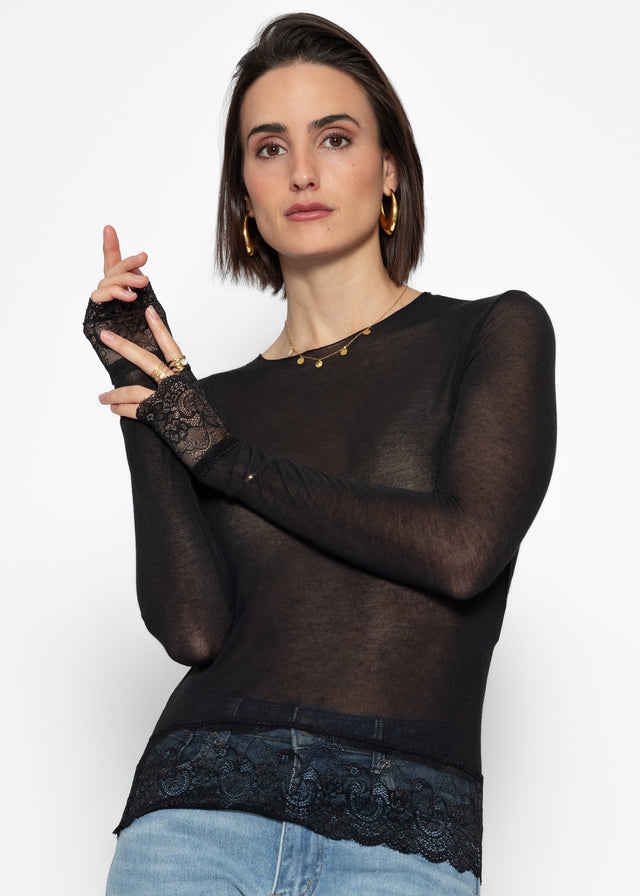 Sheer long-sleeved top with lace trim and cashmere blend - black