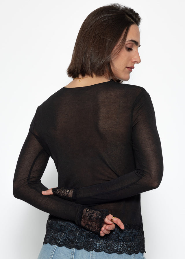 Sheer long-sleeved top with lace trim and cashmere blend - black