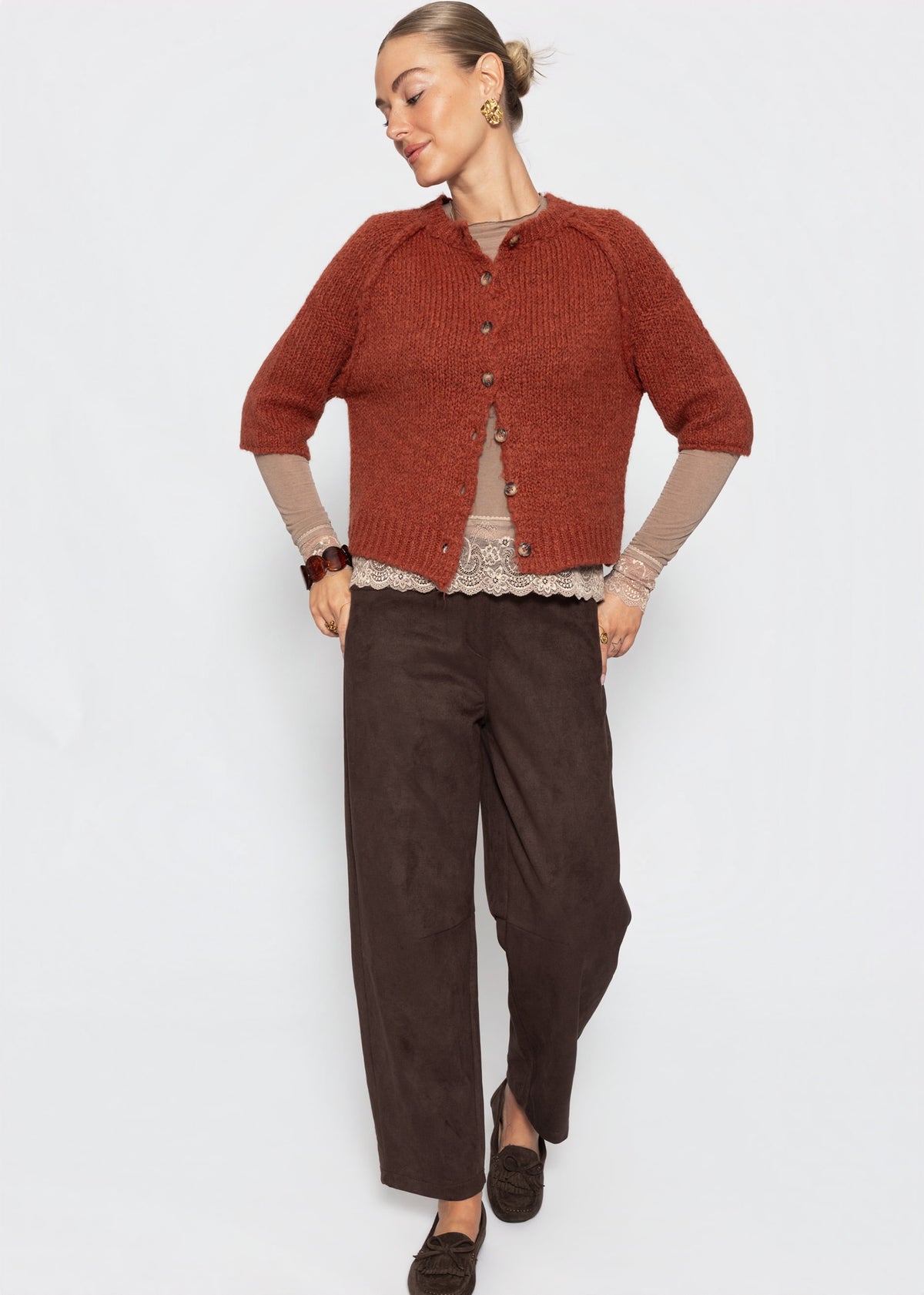 Langarmshirt mit Spitzenborte und Kaschmiranteil - taupe