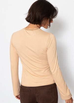 Langarmshirt mit Spitzeneinsatz  - beige