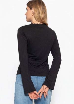 Langarmshirt mit Spitzeneinsatz  - schwarz