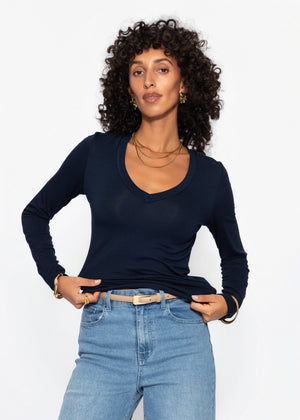 Langarmshirt mit V-Ausschnitt - dunkelblau