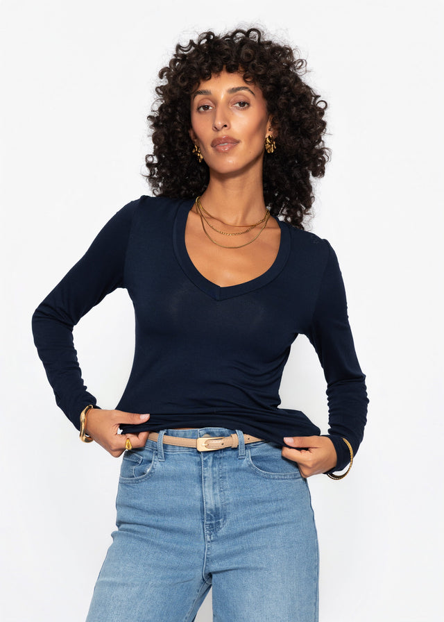 Langarmshirt mit V-Ausschnitt - dunkelblau