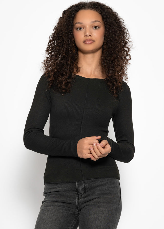 Langarmshirt mit Ziernähten - schwarz