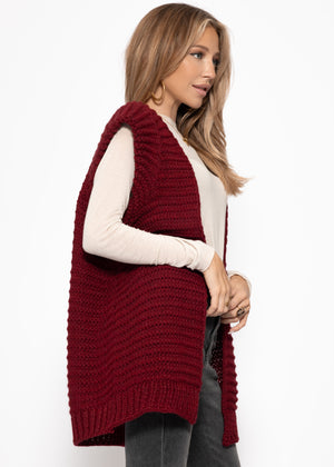 Long sleeveless knit vest with structured shoulders - burgundy