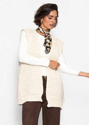 Long sleeveless knitted vest with structured shoulders - off-white