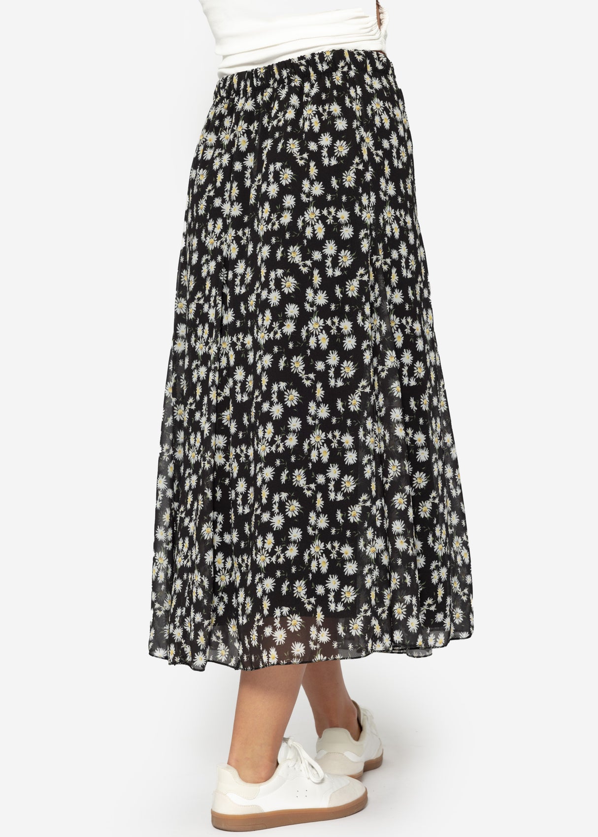 Long chiffon skirt with floral print - black