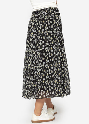 Long chiffon skirt with floral print - black