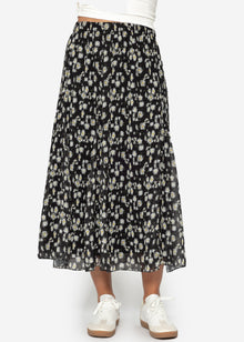 Long chiffon skirt with floral print - black