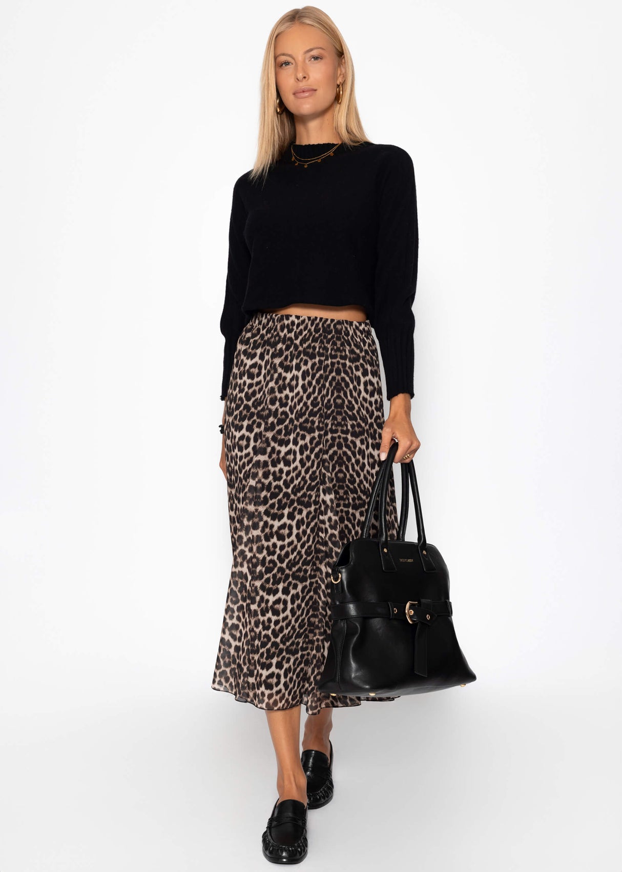 Langer Chiffon Rock mit Leo-Print - beige